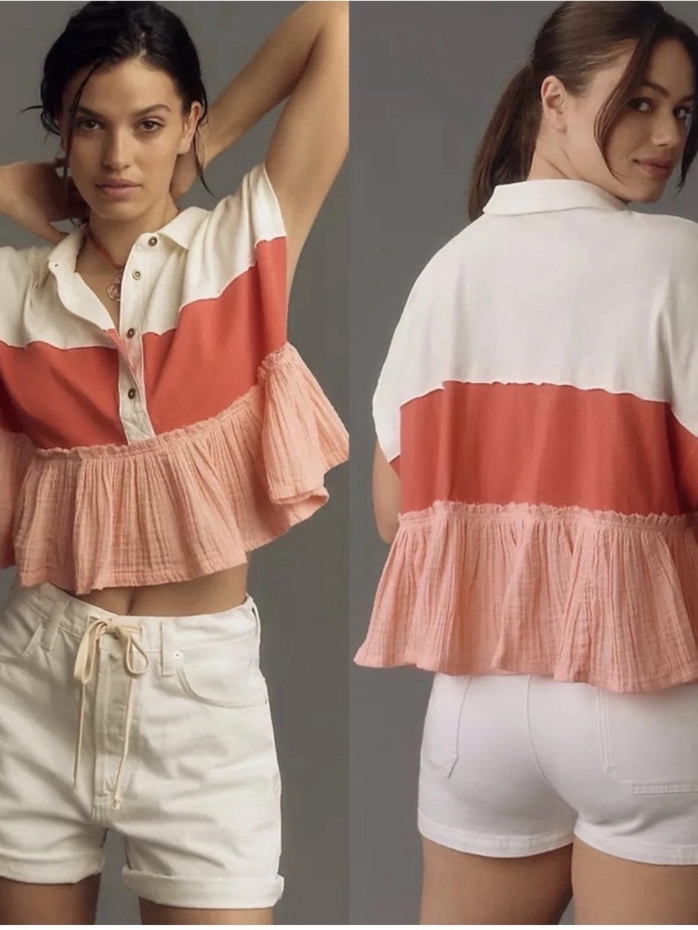 Pluck Bonfire Rugby Stripe Coral Tiered Polo Top Ruffle Retro Cottage